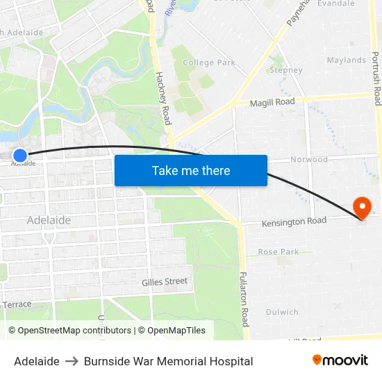 Adelaide to Burnside War Memorial Hospital map