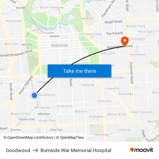 Goodwood to Burnside War Memorial Hospital map