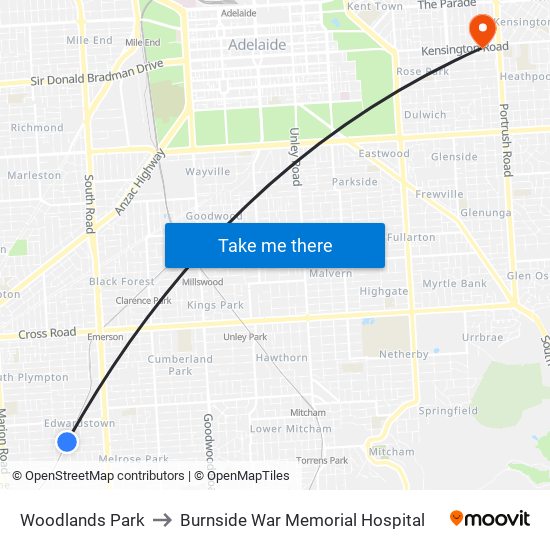 Woodlands Park to Burnside War Memorial Hospital map