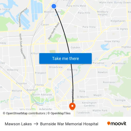 Mawson Lakes to Burnside War Memorial Hospital map