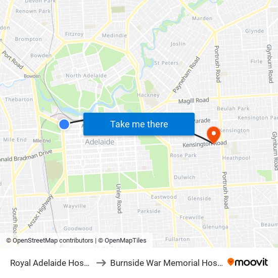 Royal Adelaide Hospital to Burnside War Memorial Hospital map