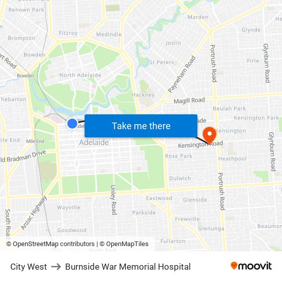 City West to Burnside War Memorial Hospital map