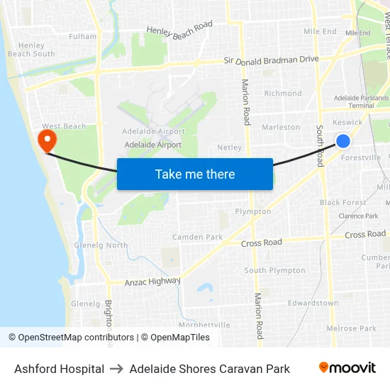 Ashford Hospital to Adelaide Shores Caravan Park map
