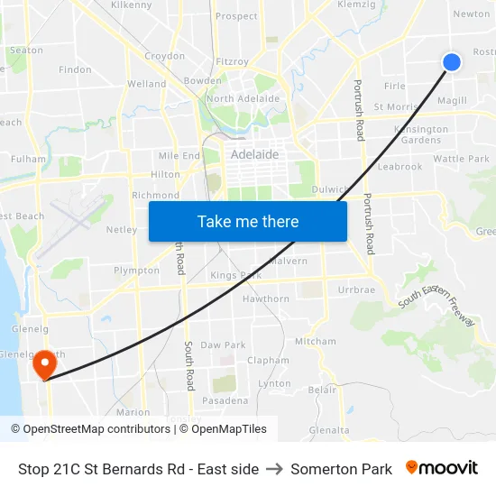 Stop 21C St Bernards Rd - East side to Somerton Park map