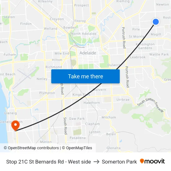 Stop 21C St Bernards Rd - West side to Somerton Park map