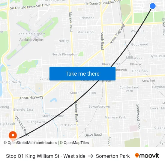Stop Q1 King William St - West side to Somerton Park map