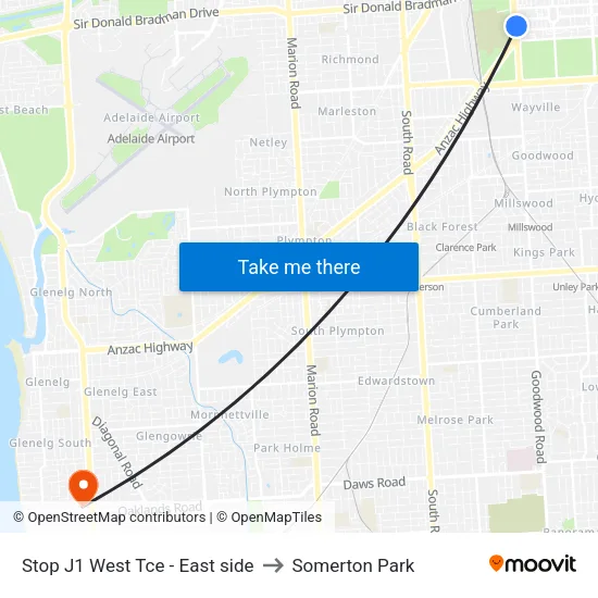 Stop J1 West Tce - East side to Somerton Park map