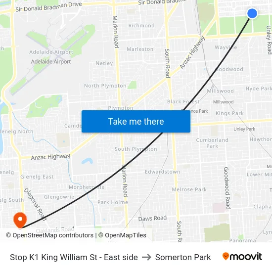 Stop K1 King William St - East side to Somerton Park map