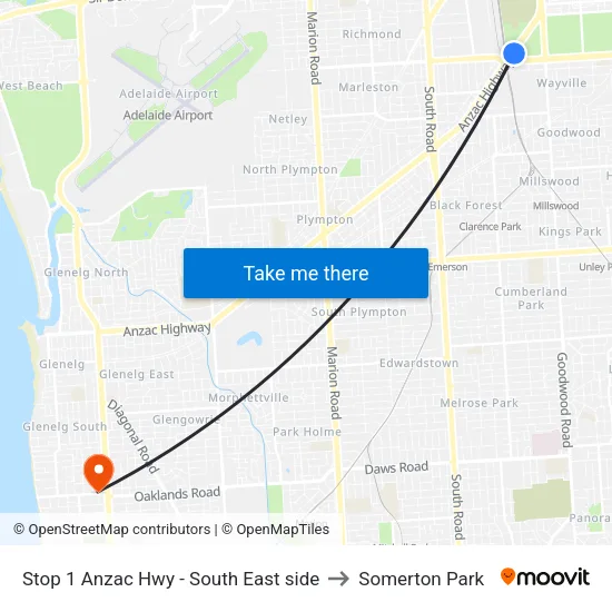 Stop 1 Anzac Hwy - South East side to Somerton Park map