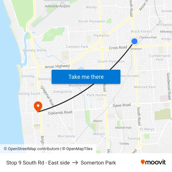 Stop 9 South Rd - East side to Somerton Park map