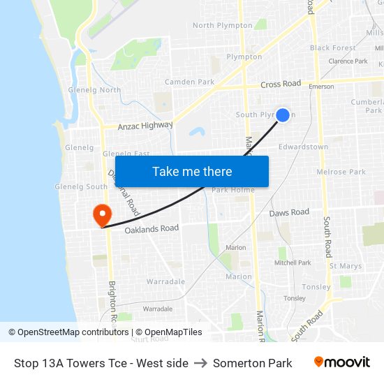 Stop 13A Towers Tce - West side to Somerton Park map