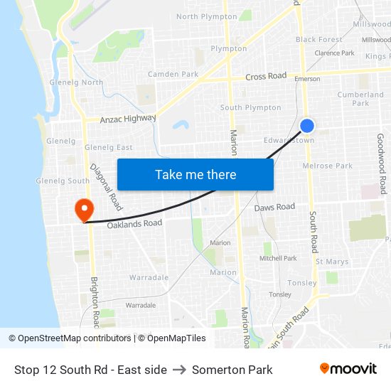 Stop 12 South Rd - East side to Somerton Park map