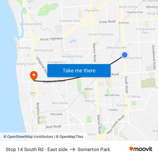 Stop 14 South Rd - East side to Somerton Park map