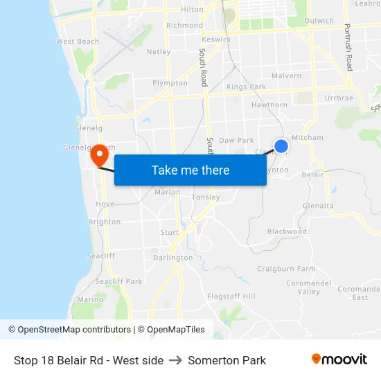 Stop 18 Belair Rd - West side to Somerton Park map