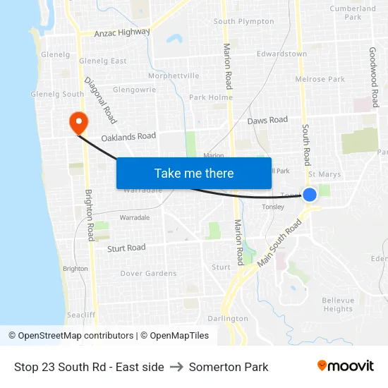 Stop 23 South Rd - East side to Somerton Park map