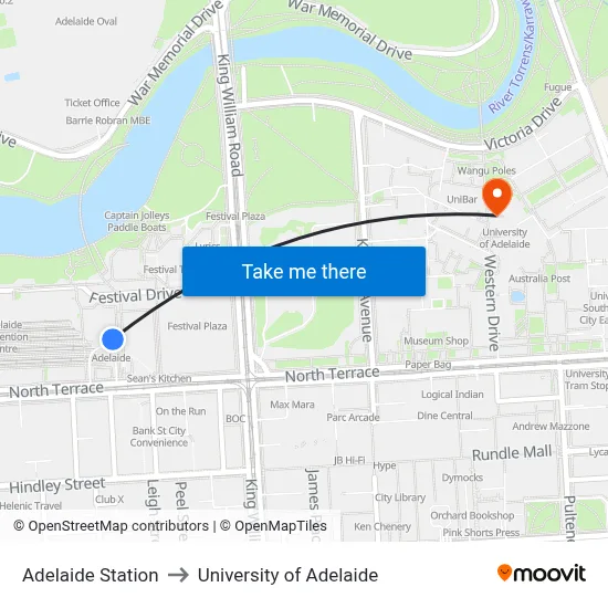 Adelaide Station to University of Adelaide map
