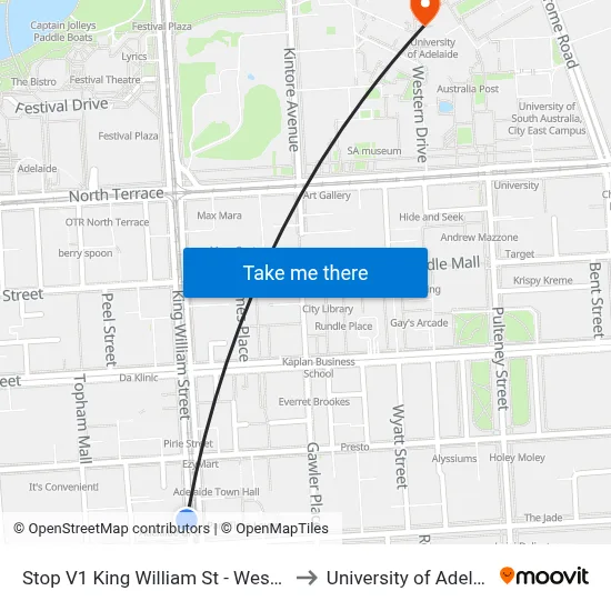 Stop V1 King William St - West side to University of Adelaide map