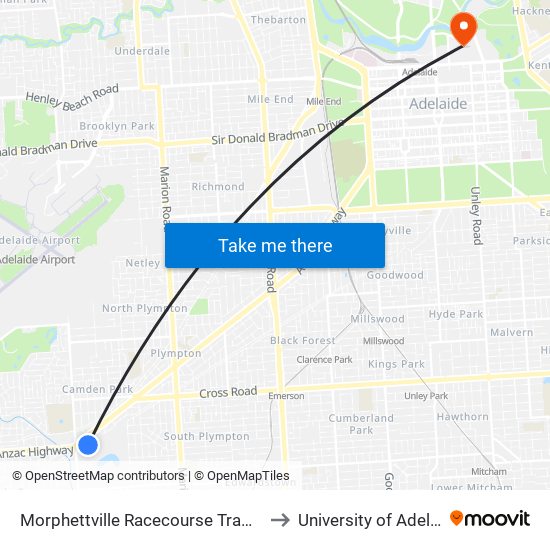 Morphettville Racecourse Tram Stop to University of Adelaide map
