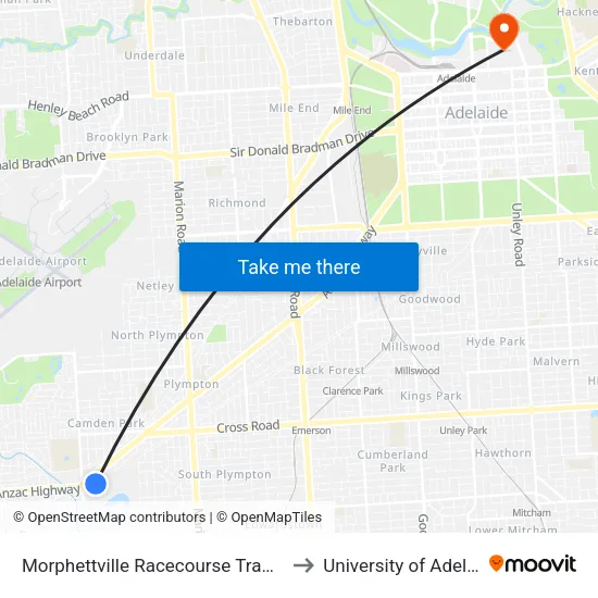 Morphettville Racecourse Tram Stop to University of Adelaide map