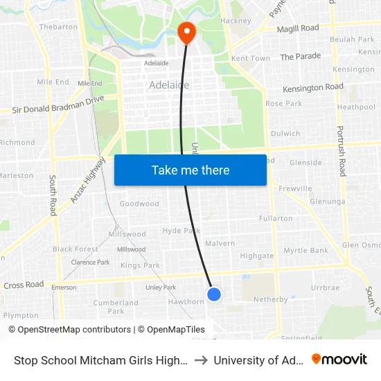 Stop School Mitcham Girls High Rugby St to University of Adelaide map