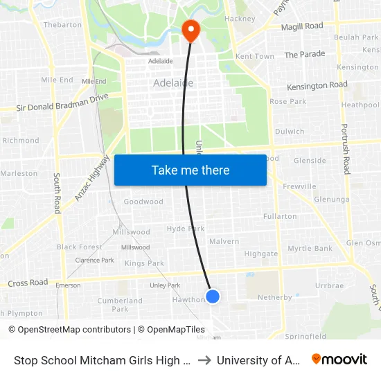 Stop School Mitcham Girls High Seafield Av to University of Adelaide map