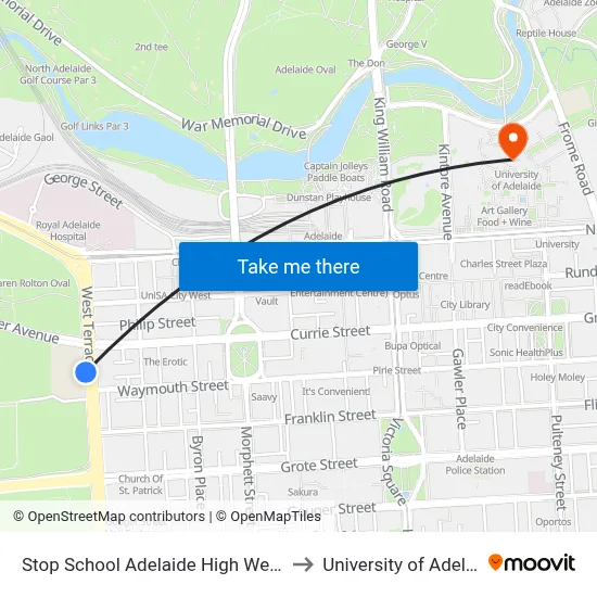 Stop School Adelaide High West Tce to University of Adelaide map