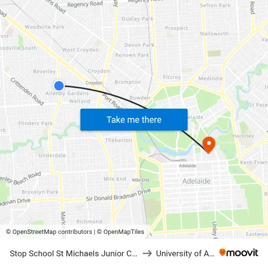 Stop School St Michaels Junior College East Av to University of Adelaide map