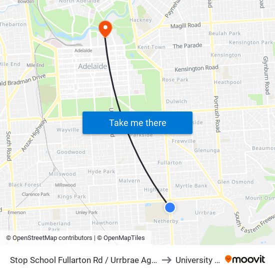 Stop School Fullarton Rd / Urrbrae Agricultural High School - West side to University of Adelaide map