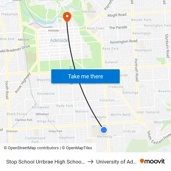 Stop School Urrbrae High School Grounds to University of Adelaide map