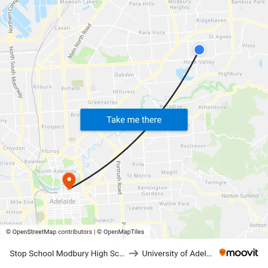 Stop School Modbury High School to University of Adelaide map