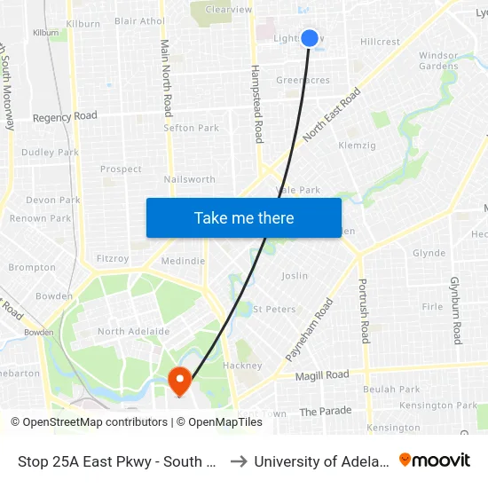 Stop 25A East Pkwy - South side to University of Adelaide map