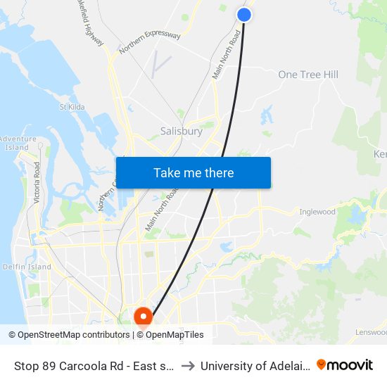 Stop 89 Carcoola Rd - East side to University of Adelaide map