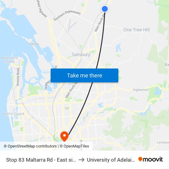 Stop 83 Maltarra Rd - East side to University of Adelaide map
