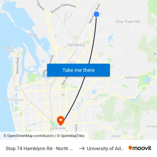 Stop 74 Hamblynn Rd - North West side to University of Adelaide map