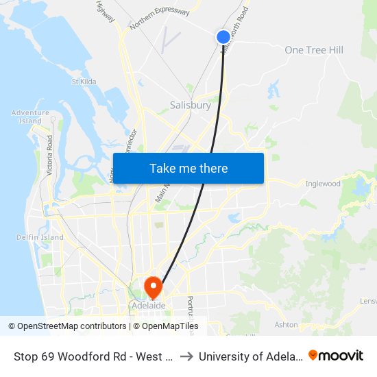 Stop 69 Woodford Rd - West side to University of Adelaide map