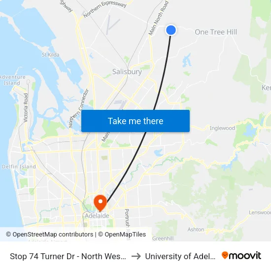 Stop 74 Turner Dr - North West side to University of Adelaide map