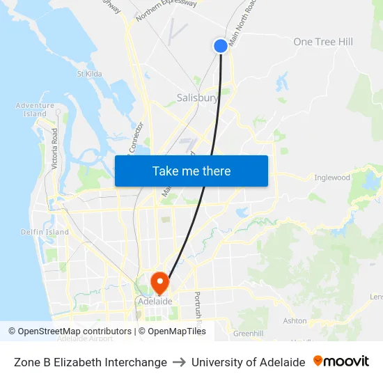 Zone B Elizabeth Interchange to University of Adelaide map