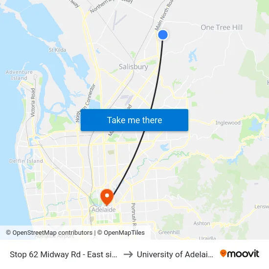 Stop 62 Midway Rd - East side to University of Adelaide map