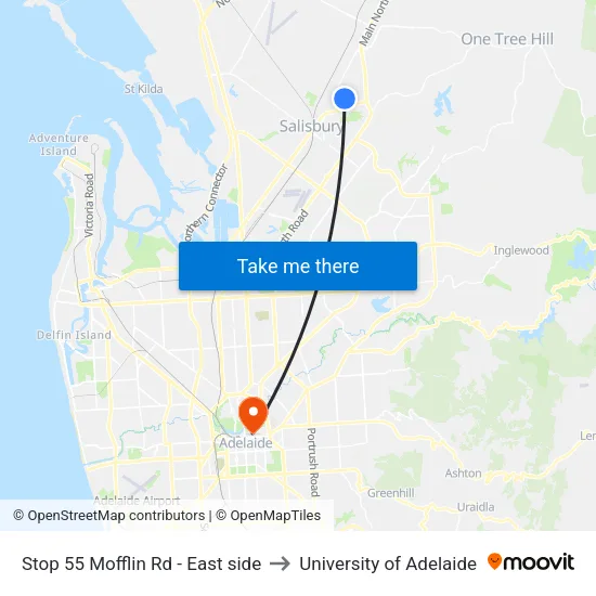 Stop 55 Mofflin Rd - East side to University of Adelaide map