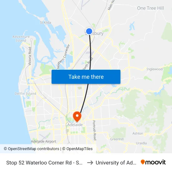 Stop 52 Waterloo Corner Rd - South side to University of Adelaide map