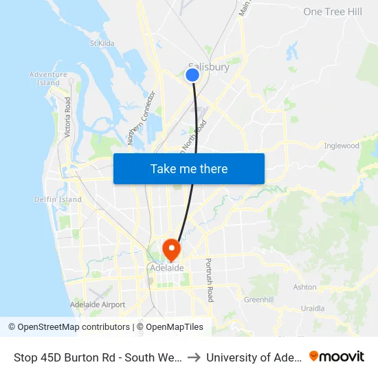 Stop 45D Burton Rd - South West side to University of Adelaide map