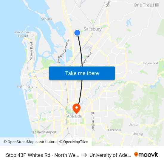 Stop 43P Whites Rd - North West side to University of Adelaide map