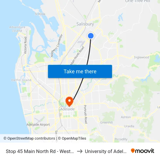 Stop 45 Main North Rd - West side to University of Adelaide map