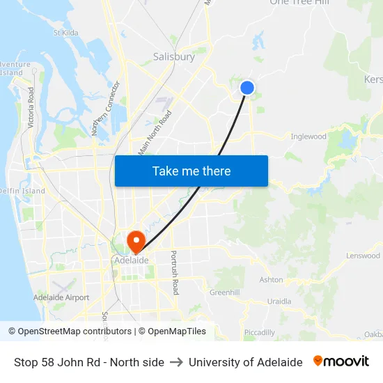 Stop 58 John Rd - North side to University of Adelaide map