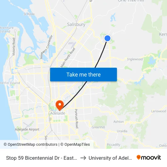 Stop 59 Bicentennial Dr - East side to University of Adelaide map
