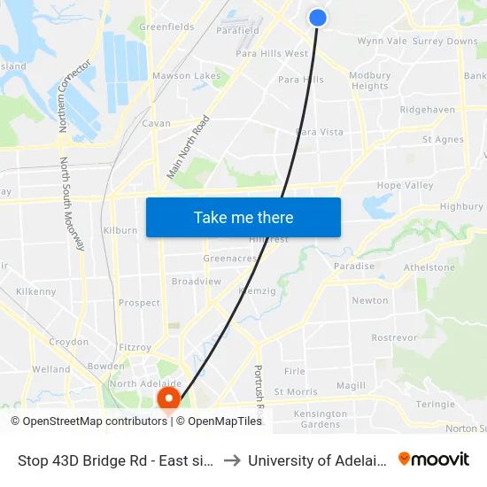 Stop 43D Bridge Rd - East side to University of Adelaide map