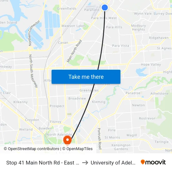 Stop 41 Main North Rd - East side to University of Adelaide map