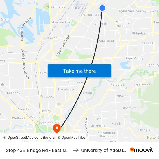 Stop 43B Bridge Rd - East side to University of Adelaide map