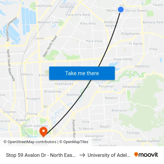 Stop 59 Avalon Dr - North East side to University of Adelaide map