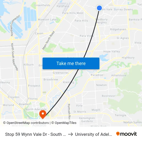 Stop 59 Wynn Vale Dr - South side to University of Adelaide map
